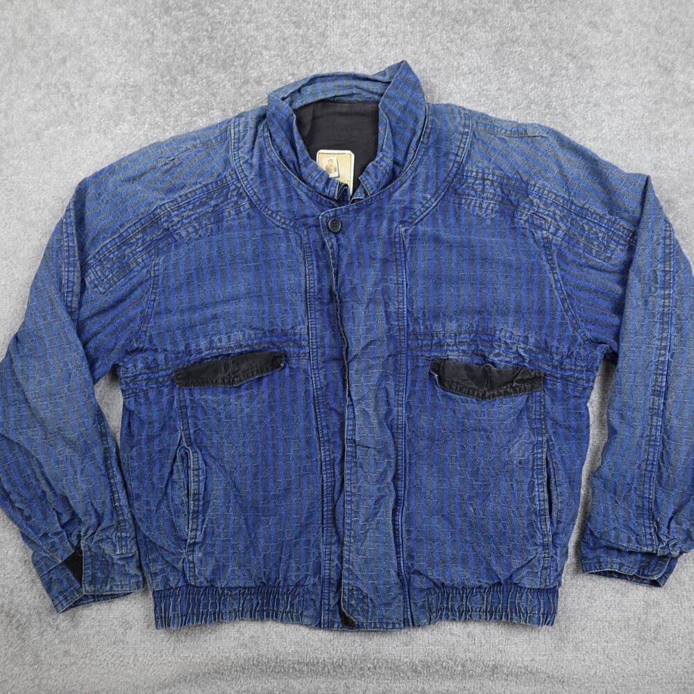 Vintage Pop 84 Jacket Men's L Blue Striped Denim Bomber Full Zip